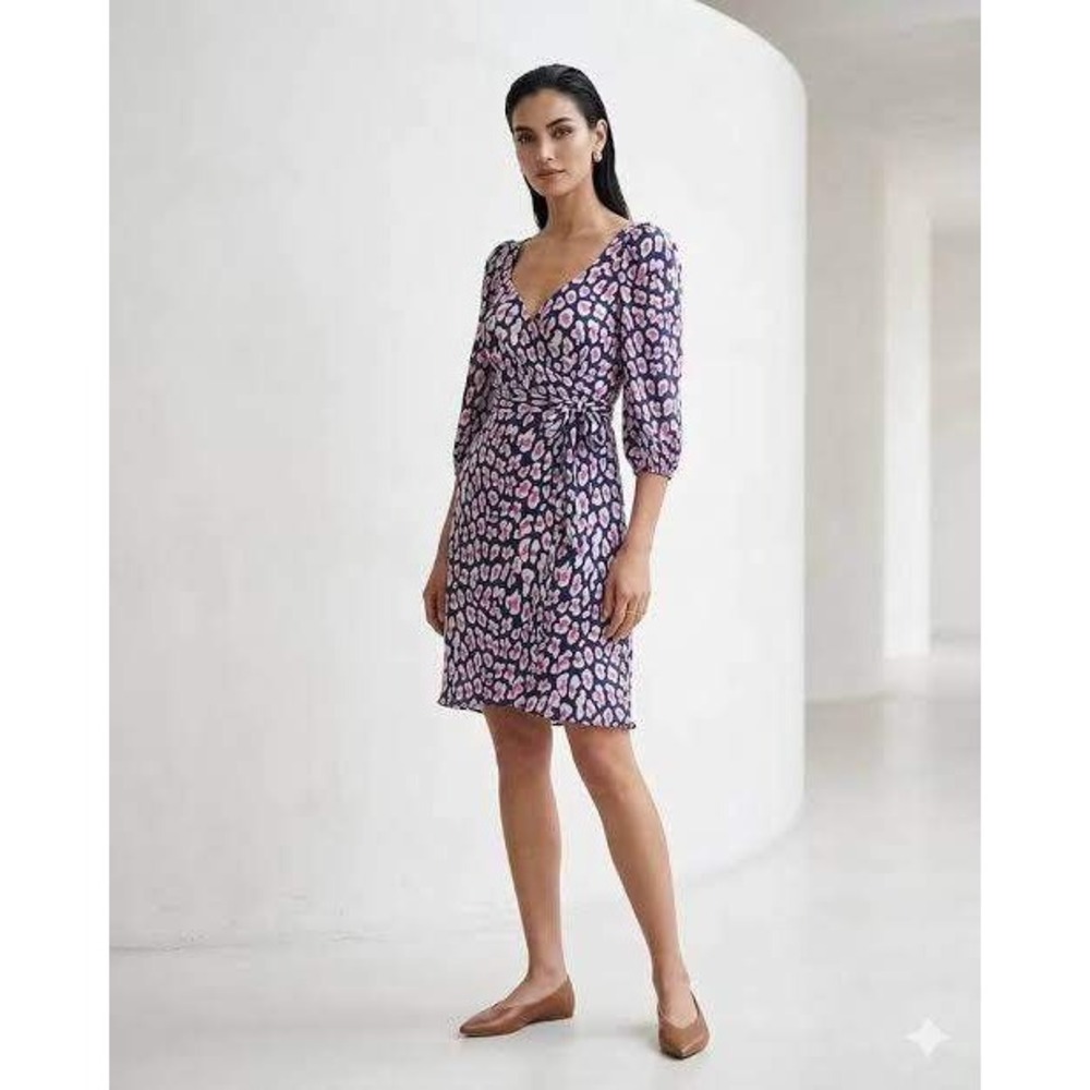 Diane Von Furstenberg Wrap Dress Womens M Purple Pink Leopard Mesh Long Sleeve